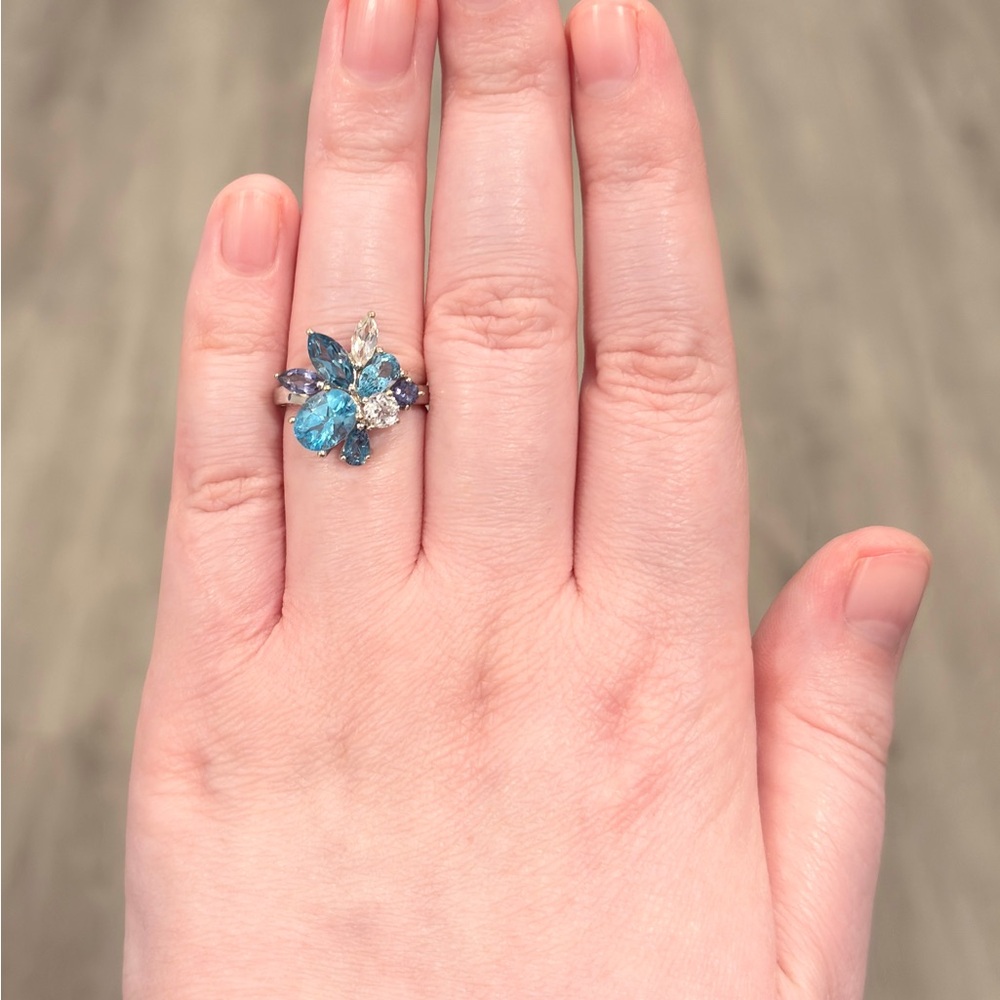 Vintage 10K Blue Topaz Cluster Ring White Gold Abstract Oval Marquis Iolite 6.25 - Picture 10 of 16